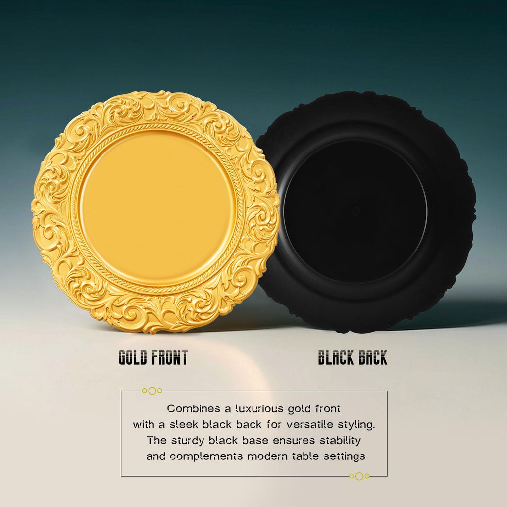 Bulk 100Pcs - 13" Gold Chargers for Dinner Plates, Floral Embossed Decorative Charger Plate for Wedding & Event