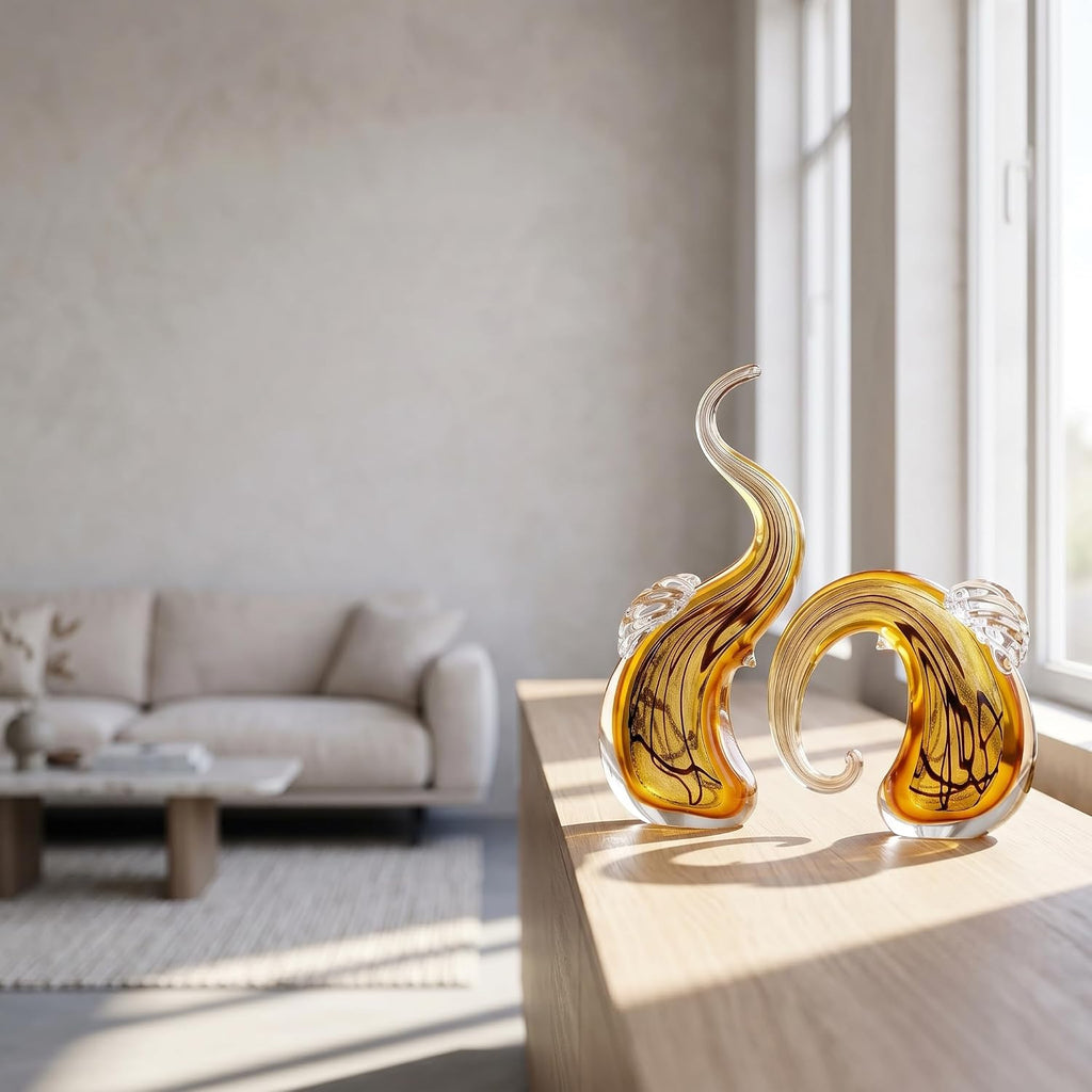 Hand Blown Elephant Statues Set - Luxury Sculptures Home Decor Art Glass Ornament Animal Collectible (Gold) - Set of 2