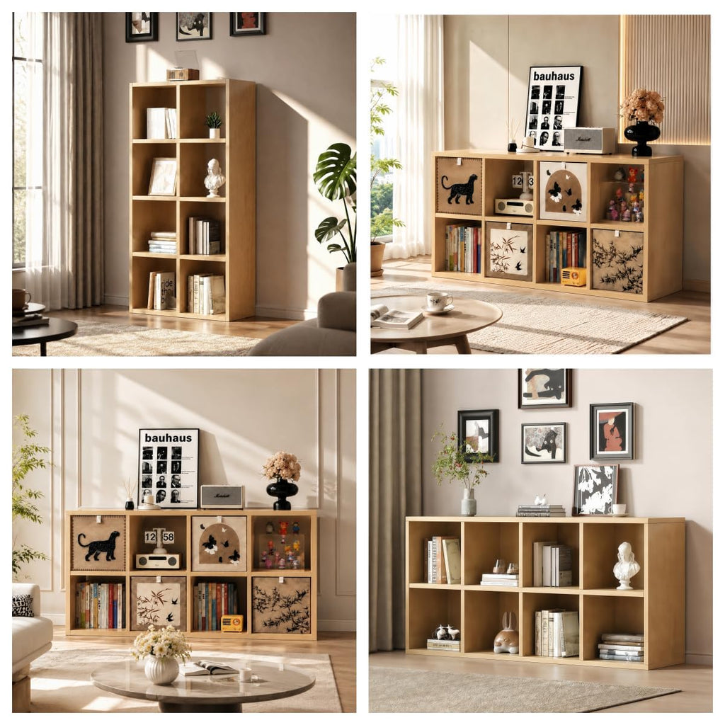 Real Solid Wood 8 Cube Storage Organizer Shelf with 4 Bins, Low Bookcase