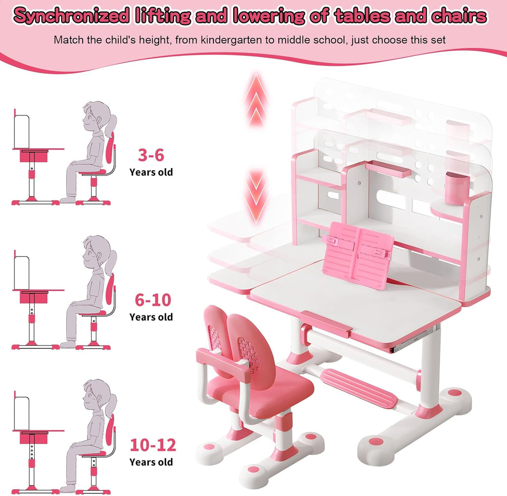 Upgraded Kids Study Desk and Chair Set, 50 Degree Tiltable&Height Adjustable Kids Desk with Storage Drawers