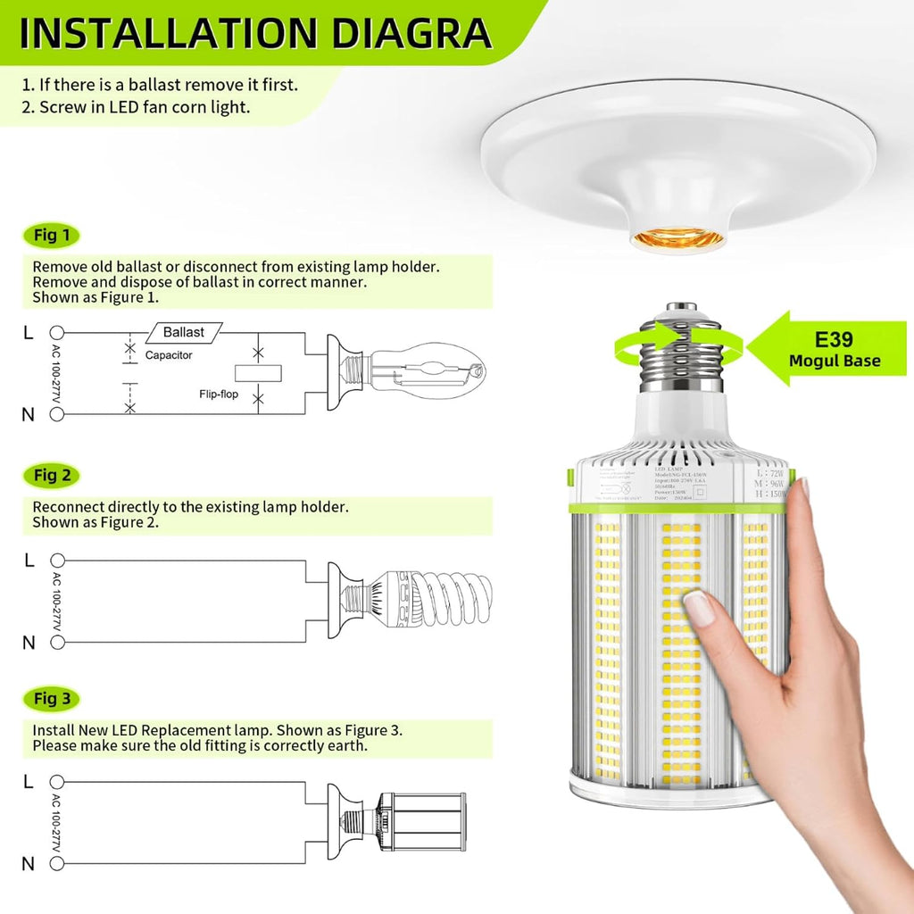 E39 480V LED Corn Light 150W/120W/90W Adjustable Corn Bulb E39 Mogul Base