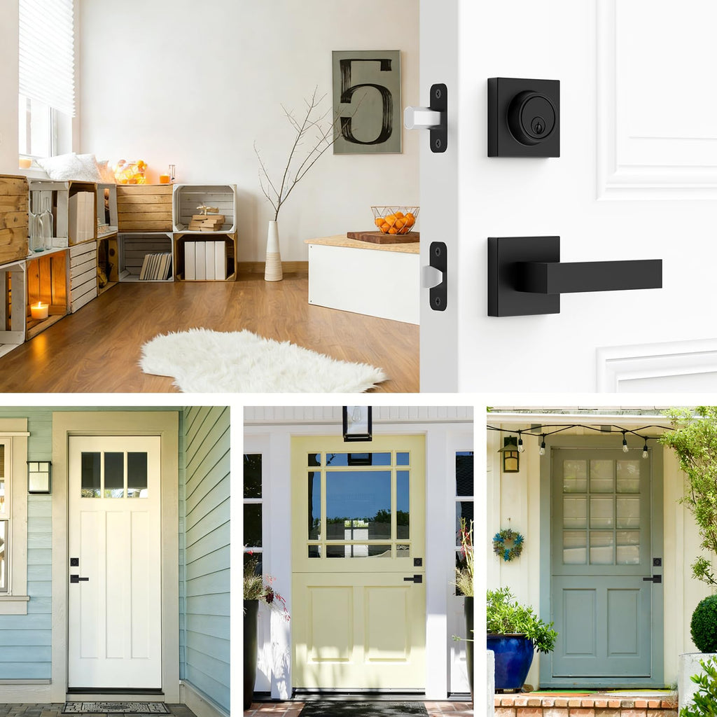 Front Door Lock Set Exterior Door Handle, Matte Black Door Handles with Single Cylinder Deadbolt Lock, Heavy Duty