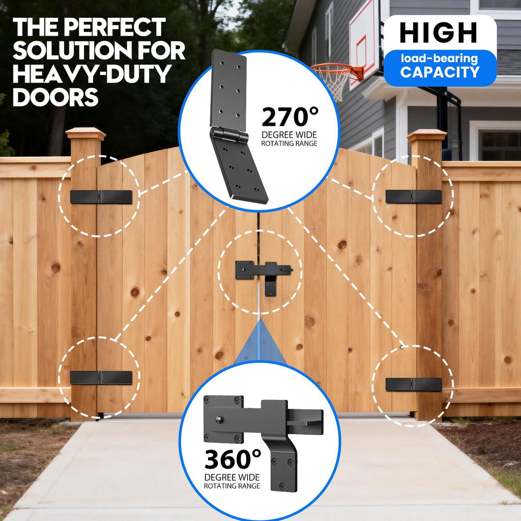 Fence Gate Hinge and Latch Set 2Pack Heavy Duty Gate Hardware Kit, 270 Degree Strap Gate Hinge & Adjustable