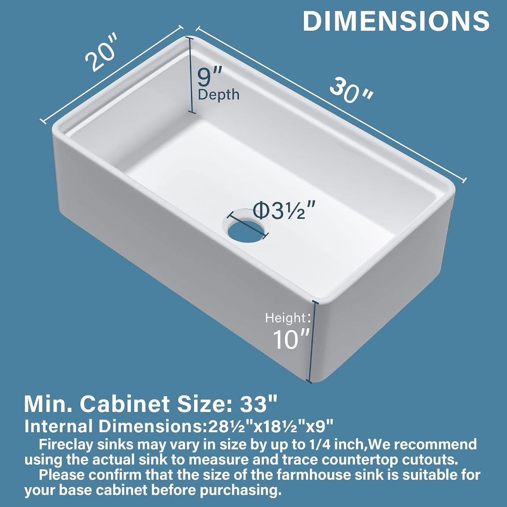30" x 20" Apron Front Farmhouse Workstation Kitchen Sink White | , Fireclay single bowl farm style, Easy to clean