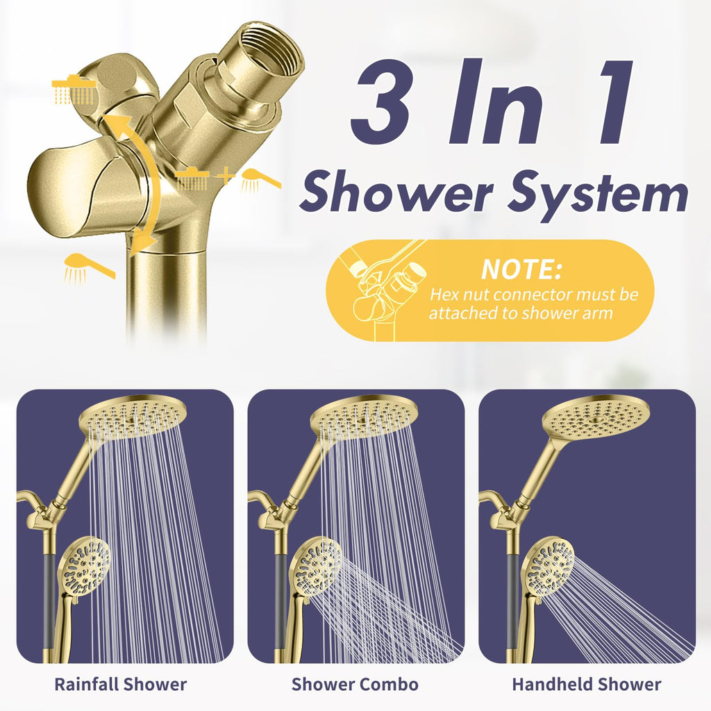 Brushed Gold Dual Shower Heads with 9 Modes Handheld Spray Combo