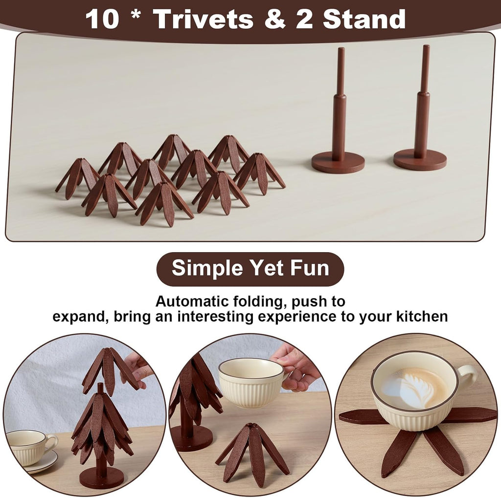 Wooden Trivets for Hot Dishes 2 Set Christmas Tree Shape Trivet Set Natural Foldable 10 Wooden Tree Trivets + 2 - Set of 10
