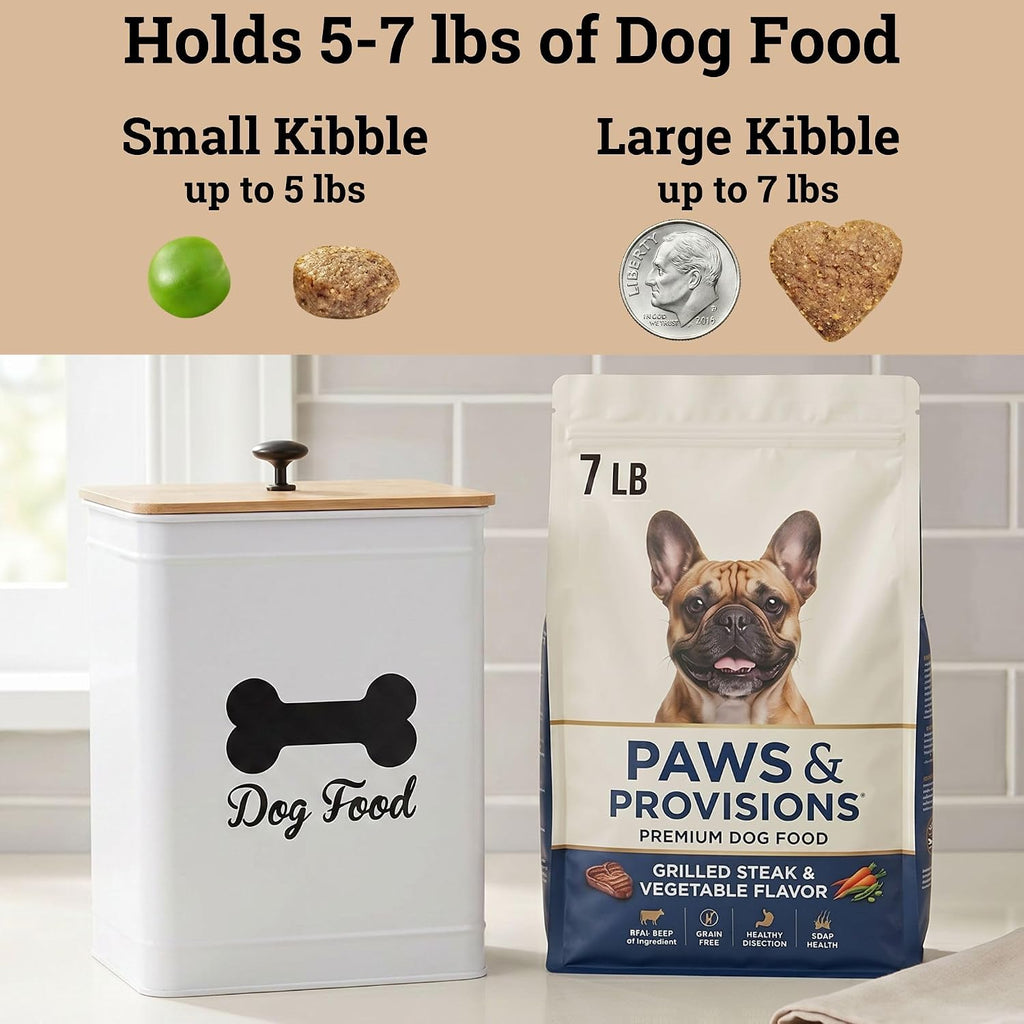 Metal Dog Food Container 5-7lb, 25 Cup w/ Airtight Bamboo Lid, Metal Handle