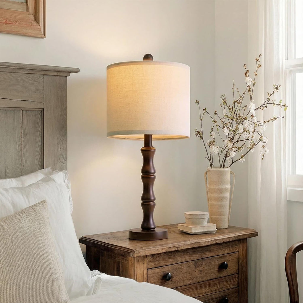 20.5" Classic Table Lamps Set of 2, Farmhouse Nightstand Lamps with Dark Wood Grain Resin Base & Linen Shade, Small