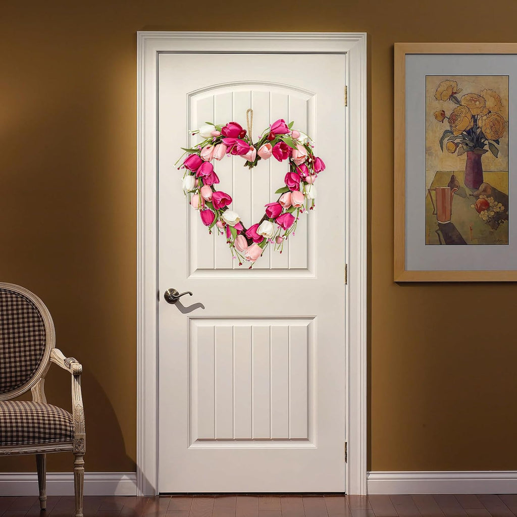 Valentine's Day Wreath 18 Inch Valentines Day Door Wreath with White Pink Red Tulip Berry and Green Leaf Valentines