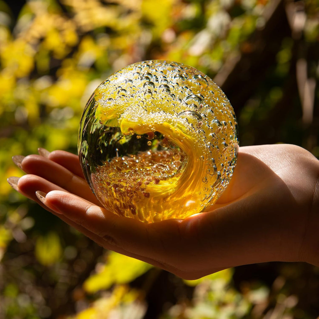 Hand-Blown Glass Ocean Wave Paperweight, 3.15" Solid Art Sculpture, Vibrant Yellow & Gold Nautical Desk Decor