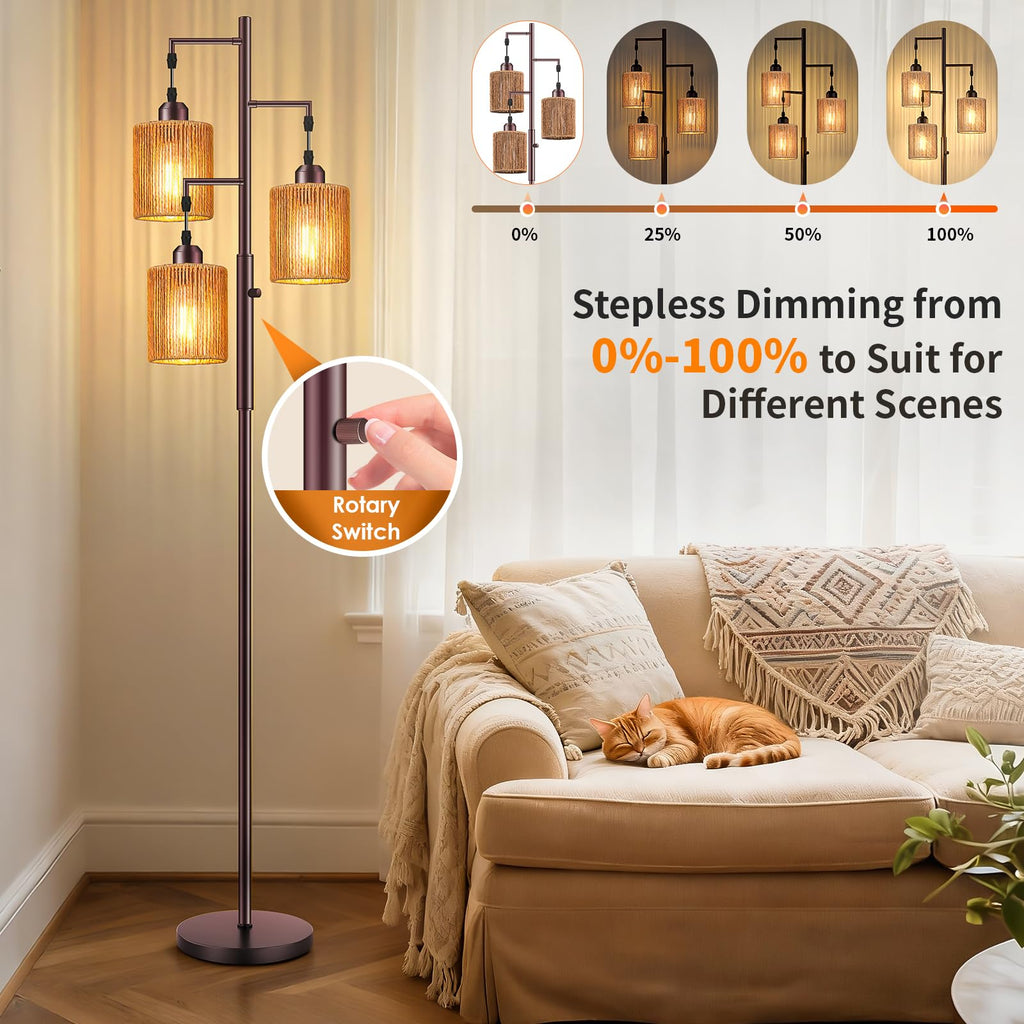 72" Boho Rattan Tree Floor Lamp, Tall Dimmable Industrial Standing Lamp, Corner Decor Accent Lighting, Cafe (3 x