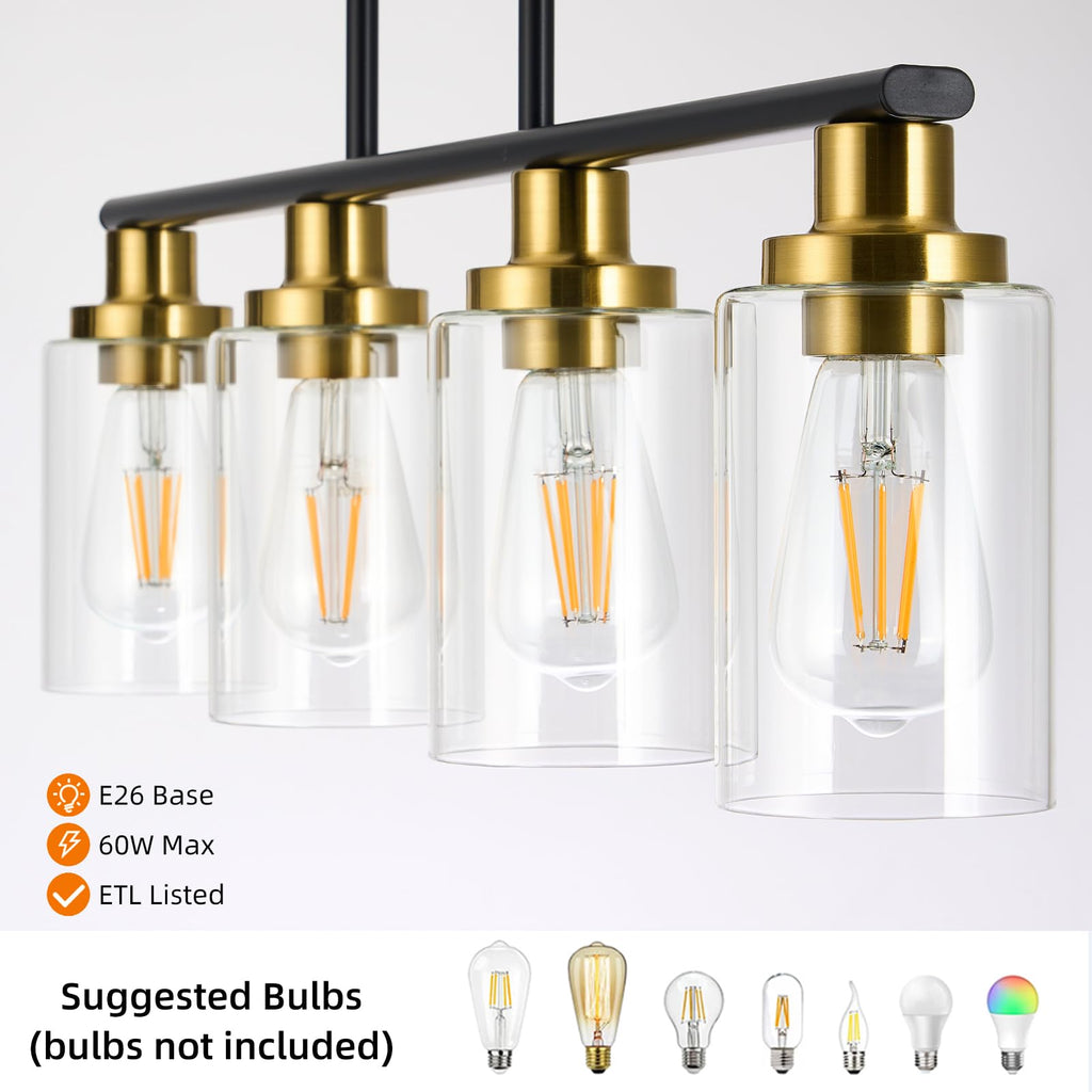 Island Lights, 4-Light Farmhouse Dining Room Light Fixtures Over Table, Matte Black and Gold Linear Chandeliers