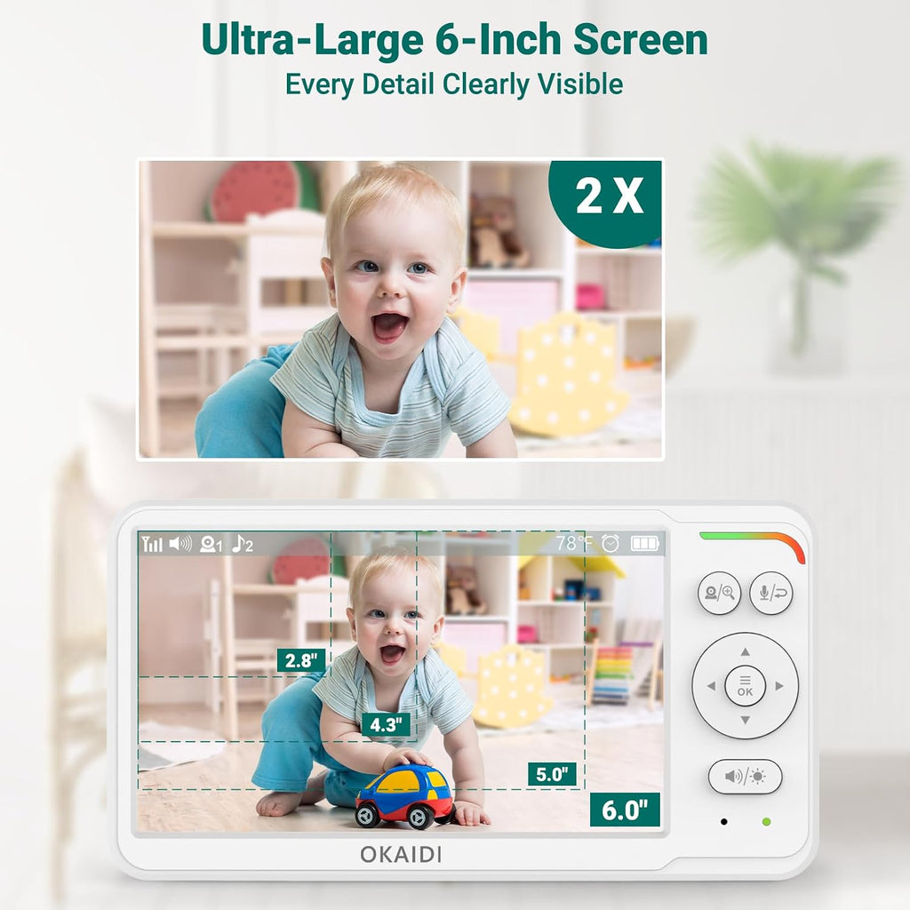6" IPS Screen Baby Monitor with Camera and Audio, Pan-Tilt-Zoom