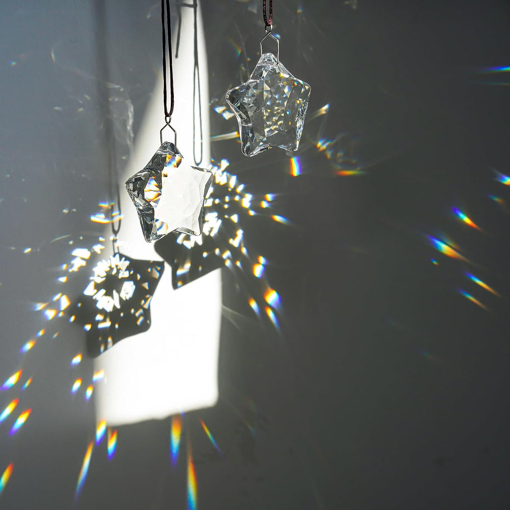 Clear Crystal Star Ornaments Faceted Christmas Hanging Decor - Set of 6