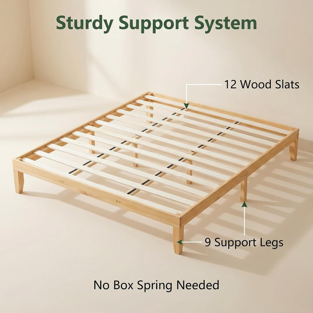 King Size Japanese Natural Pine Wood Bed Frame, Mid-Century 12 inch H Low Platform Beds, 8.5 inch Under Bed Storage