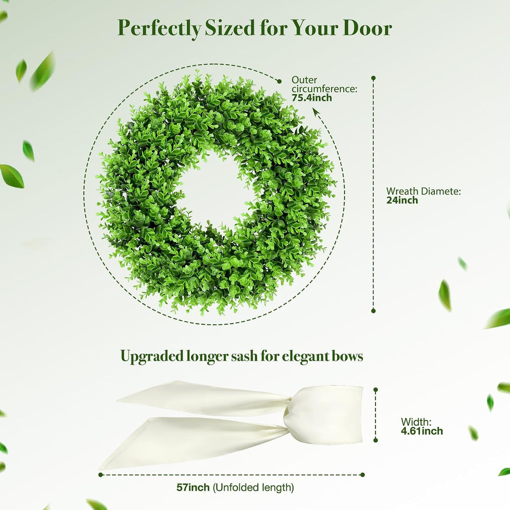 24" Boxwood Wreaths for Front Door - Large Boxwood Wreath with Sash
