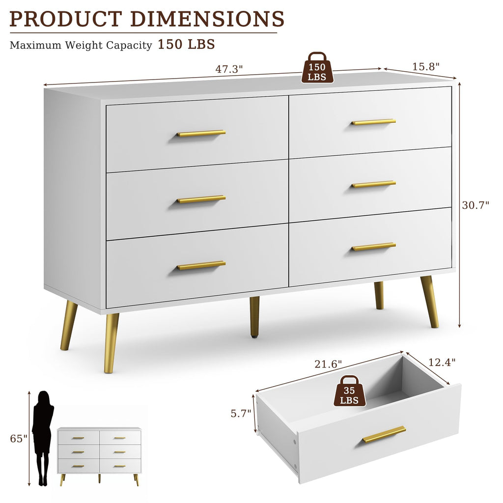 White 6 Drawer, 47" Wood with Gold Handles.