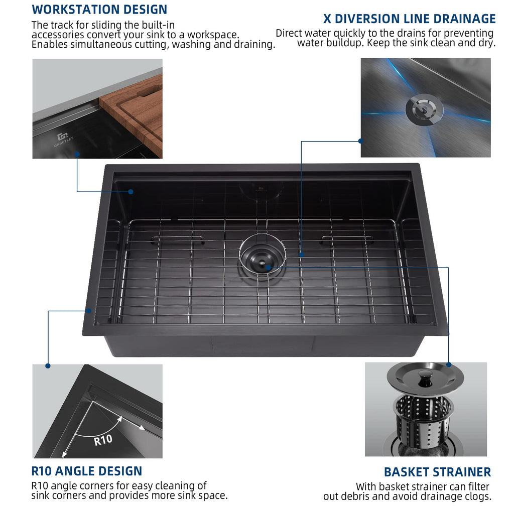 32-inch Undermount Workstation Kitchen Sink, 16 Gauge Stainless Steel Kitchen Sink with Nano Coating & Brushed