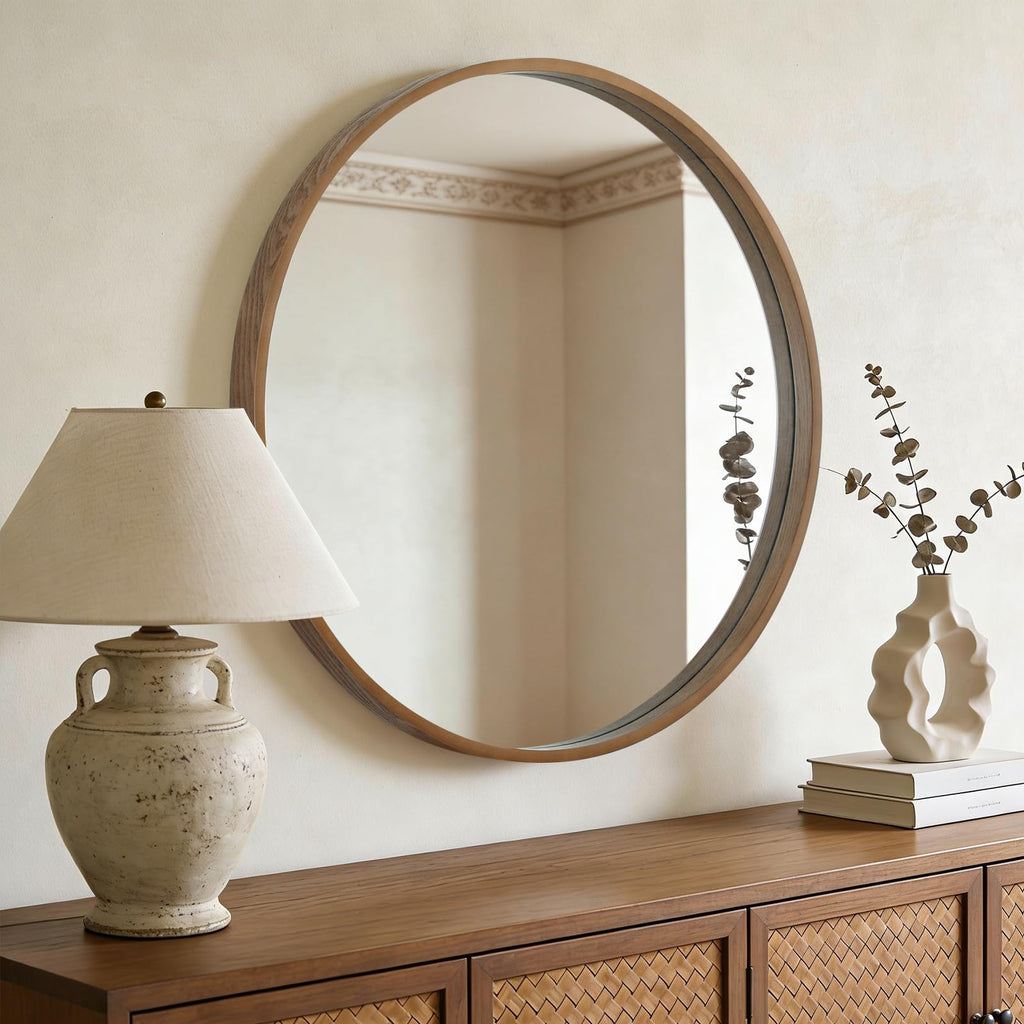 Round Wood Mirror, 32" Round Modern Decoration Large Circle Wall Mirror Living Room Bedroom Entryway, Walnut