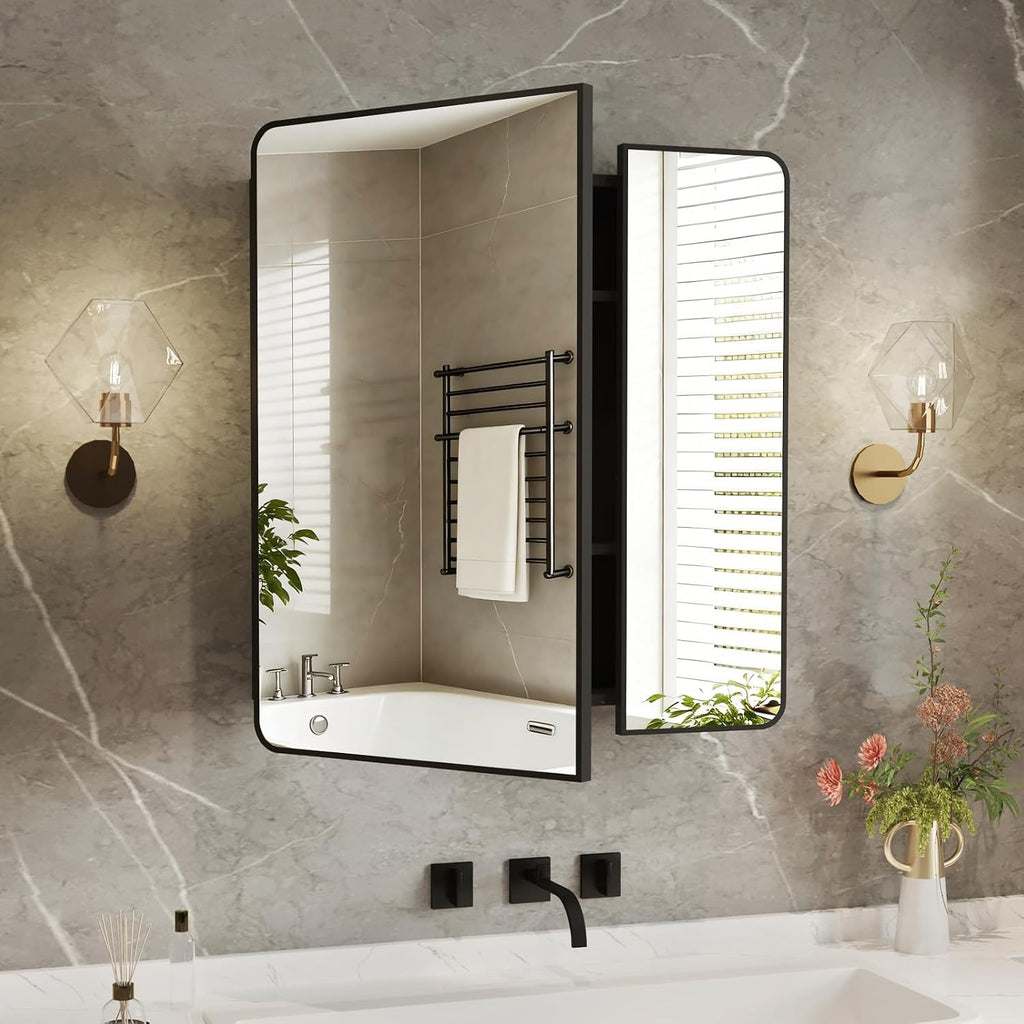 Medicine Cabinet Mirror 30x32 Inch, Black Bathroom Mirror Cabinet with Stepless Adjustable Shelves, Double Doors