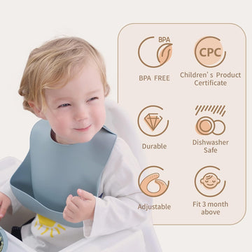 Silicone Baby Bibs Set of 3, BPA Free Waterproof Baby Bibs for Eating, Adjustable Silicone Bibs for Babies 6-12