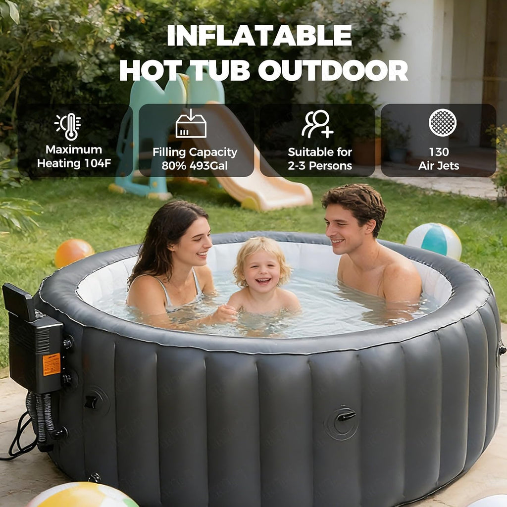 Inflatable Hot Tub 2-3 Person with 130 Jets & LED Lights, PVC Construction Hot Tub with One-Click Inflation, Portable