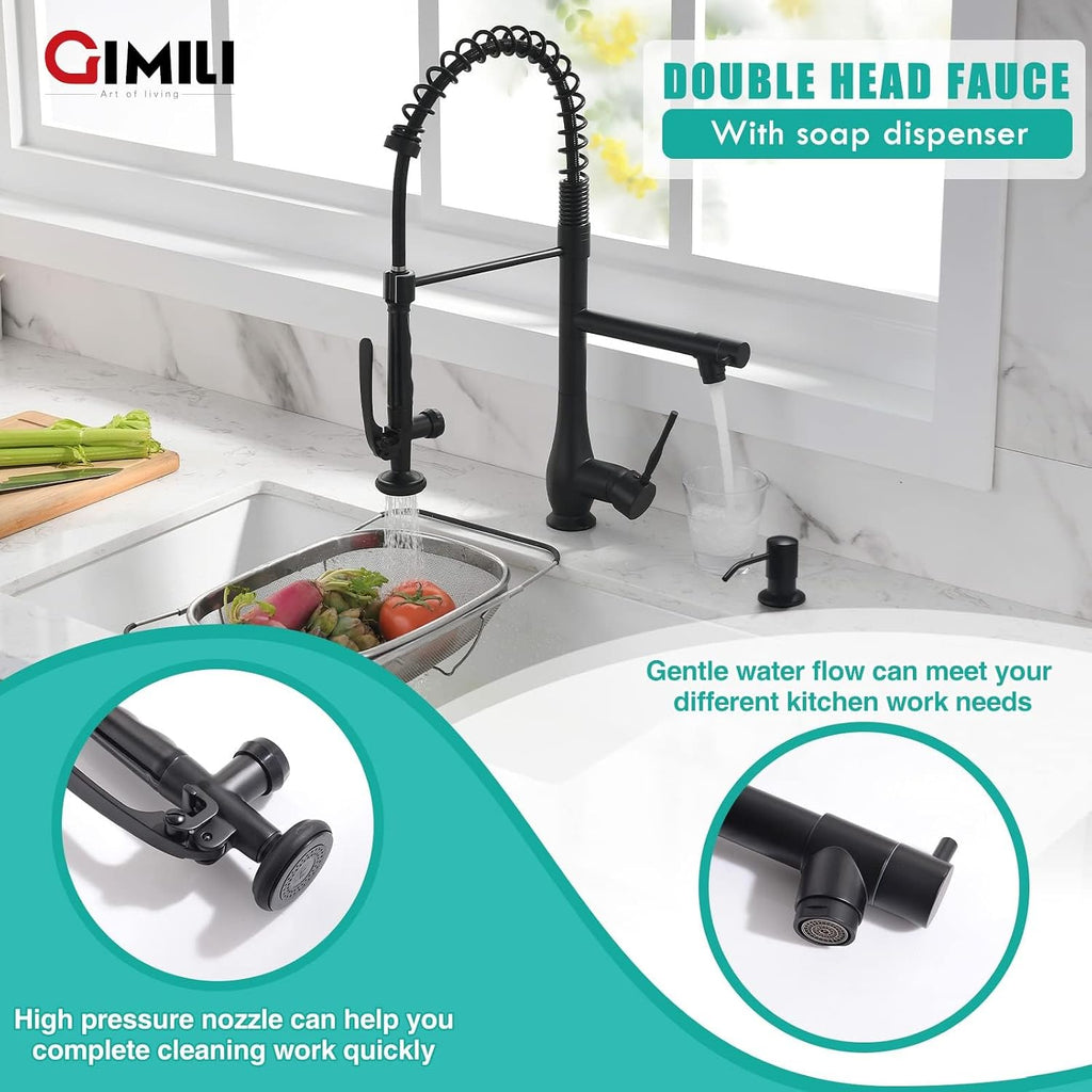 Matte Black Commercial Kitchen Sink Faucet with Soap Dispenser | High Pressure Double Headed Spray, Stainless Steel