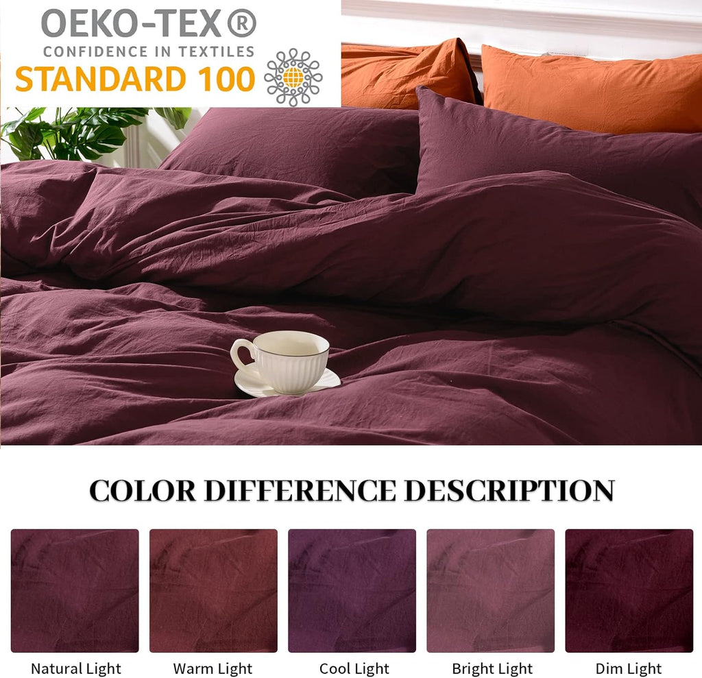 Duvet Cover Set Queen Linen Look Textured 100% Washed Cotton Duvet Cover Burgundy Dark Red 3 Pieces Bedding Set with