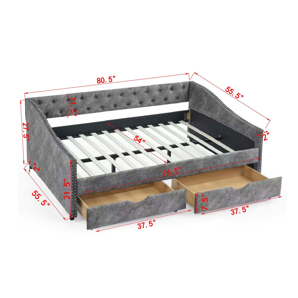Full Daybed Frame with Two Storage Drawers, Modern Upholstered Button Tufted Day Bed w/Nailhead Trim and Wood Slat
