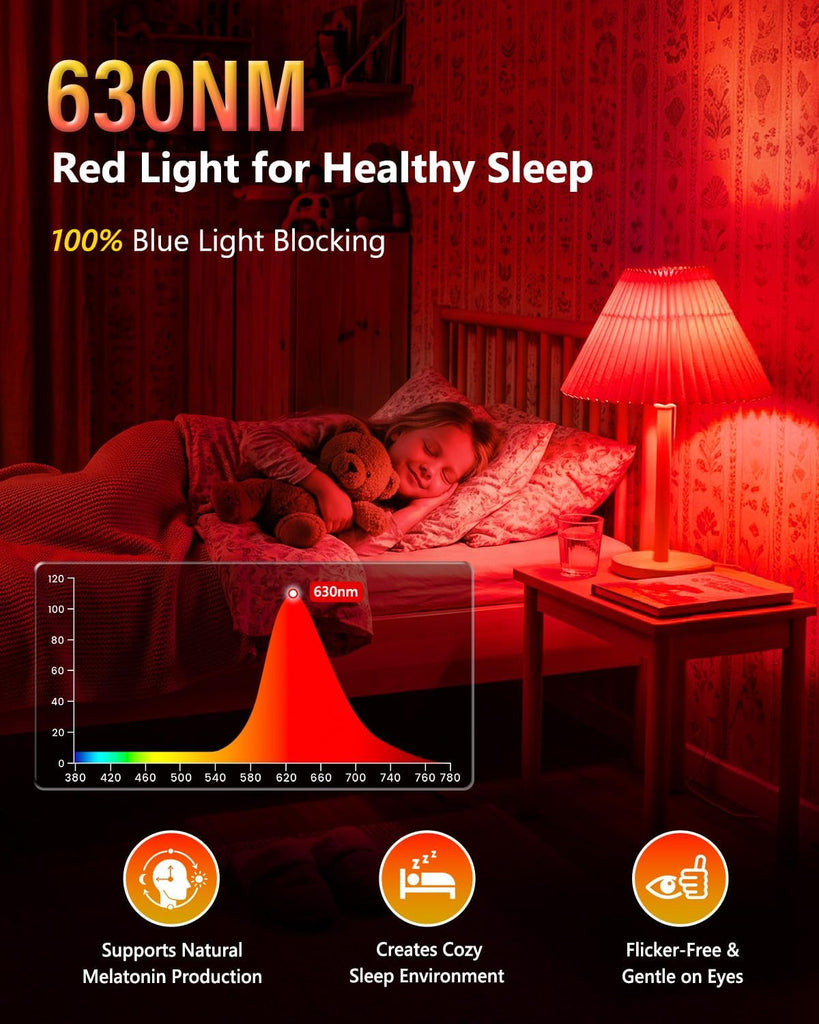 E26 LED Red Light Bulbs For Sleep With Remote Control, Blue Light Blocking Bulb, 630nm+1800k- 6000k Dimmable Screw