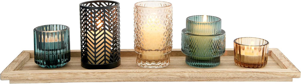 5-Piece Embossed Glass and Metal Tealight Candle Holders in a Wood Tray, Multicolor