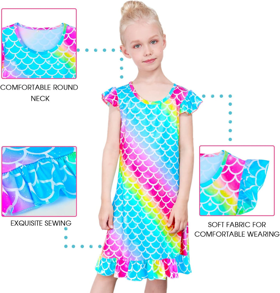 2pcs Girls Nightgowns, Unicorn Nightgown Princess Pajama Dresses for Girls Sleepwear Nightie