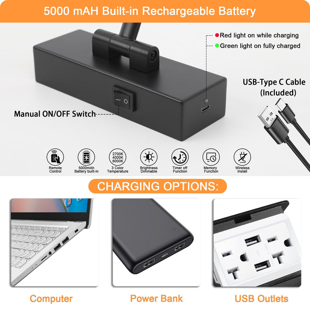Wireless Battery Operated Picture Light,Rechargeable Wall Light with Remote and Timer,15.75 Inch Black Dimmable