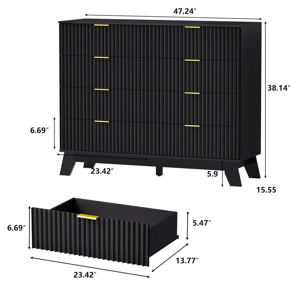 48" W Tall Fluted Dresser with 8 Drawer, Black
