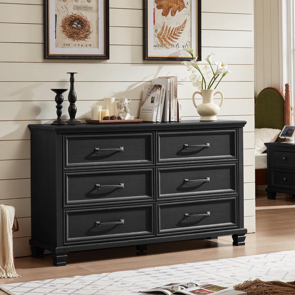 Farmhouse Black 6 Drawer Dresser, 54 inch Wide Vintage Large Chest of Drawers with Square Wood Legs, Rustic TV