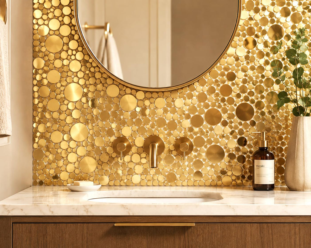 Gold Tile Backsplash Wall Penny Round Bubble Tiles Shower Floor (Box of 5 Sheets)