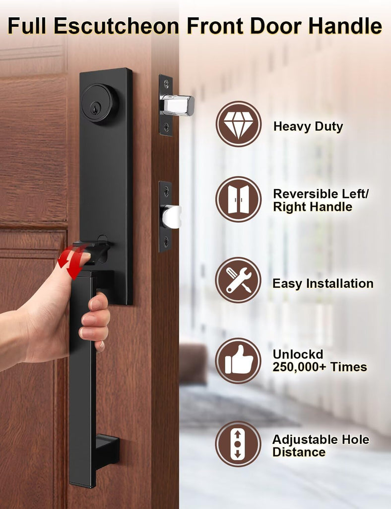 Full Escutcheon HandleSet Front Door Entry Handle and Deadbolt Lock Set Slim Square Single Cylinder Deadbolt and