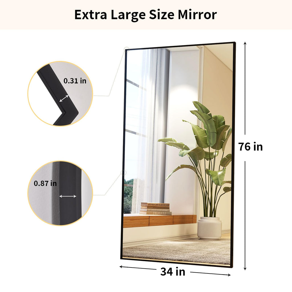 34"x76" Full Length Mirror with Stand, Large Rectangular Floor Mirror or Closet, Wall-Mounted or Freestanding, Black