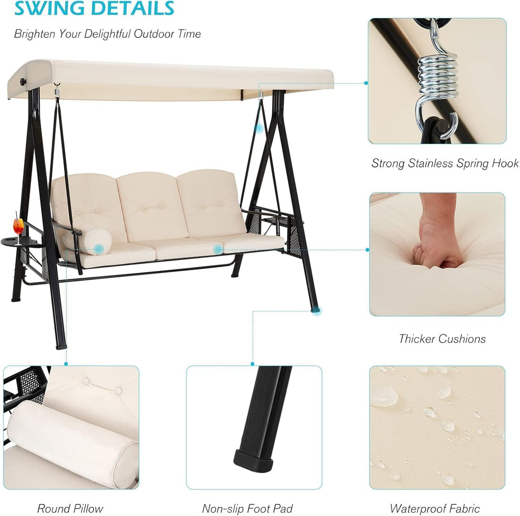 Outdoor Porch Swing, 3-Seat Porch Swing with Adjustable Canopy, Outdoor Swings for Adult with Beige Removable