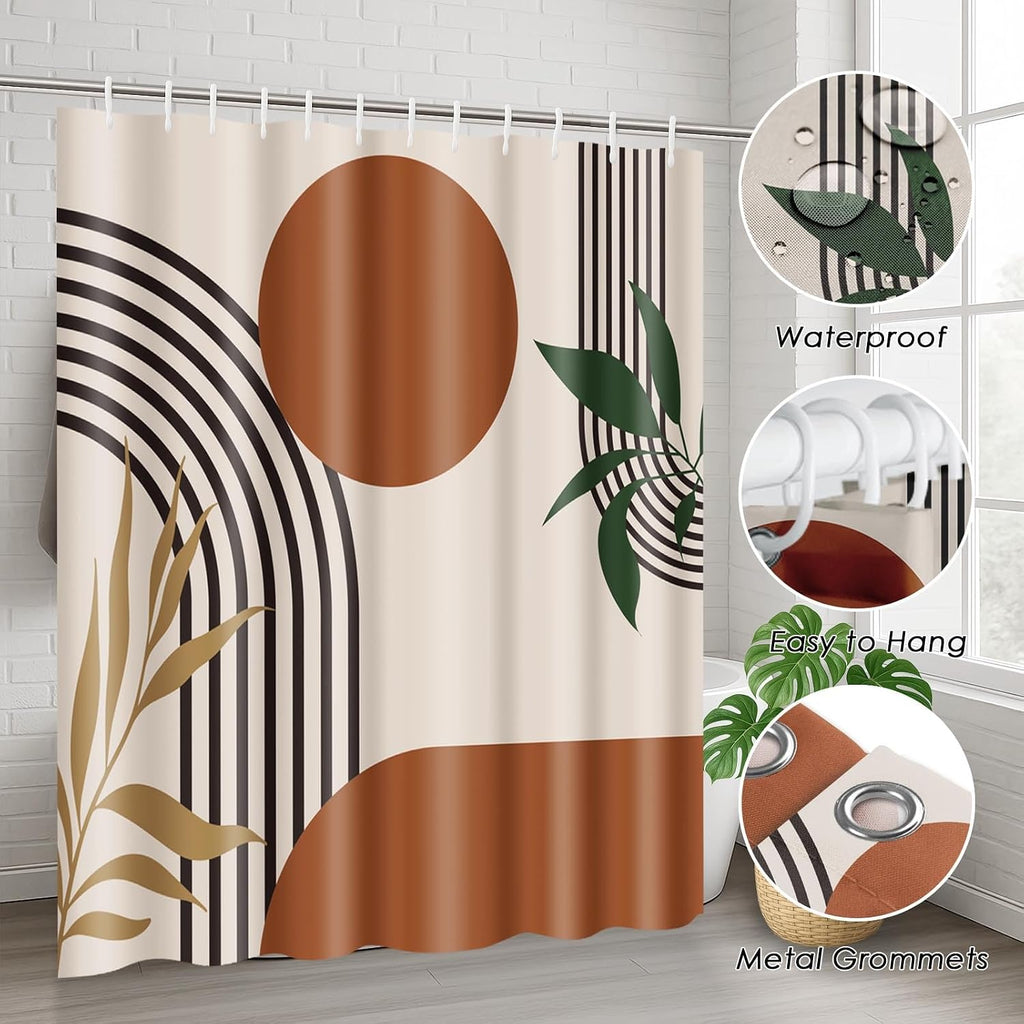 Boho Mid Century Shower Curtain Set with Toilet Lid Cover and Non-Slip Rugs, Abstract Geometric 4 Pcs Modern