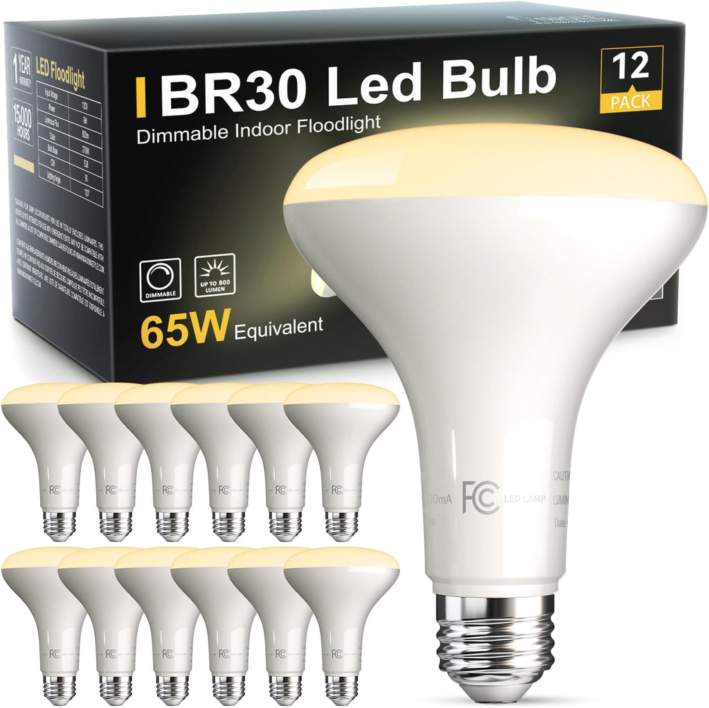 12 Pack BR30 Flood Light Bulb Indoor, 65W Equivalent Dimmable Led Recessed Lights Bulb, 2700K Soft Warm White, E26