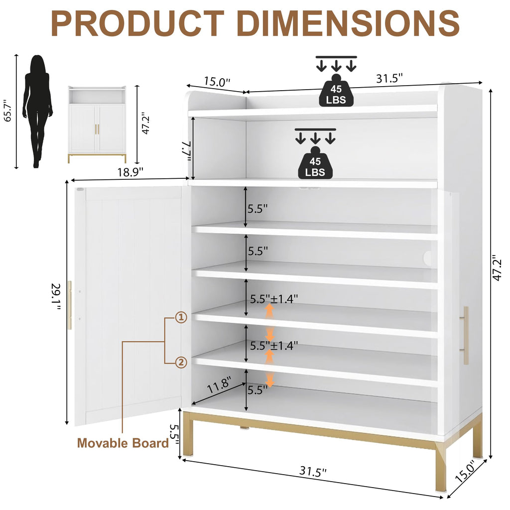Shoe Cabinet with Adjustable Shelves & Doors, 7-Tier Farmhouse Shoe Storage Cabinet with Golden Metal Legs, 47.2''