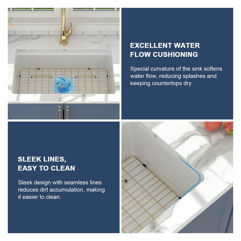 33 Inch White Kitchen Sink Fireclay Porcelain Ceramic Undermount Sinks Single Bowl Rectangular Basin Workstation with