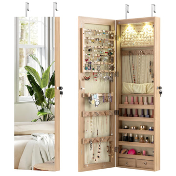 Jewelry Cabinet Wall Door Mounted, 47.5" Frameless Full Length Mirror with Storage & LED Lights, Lockable Jewelry