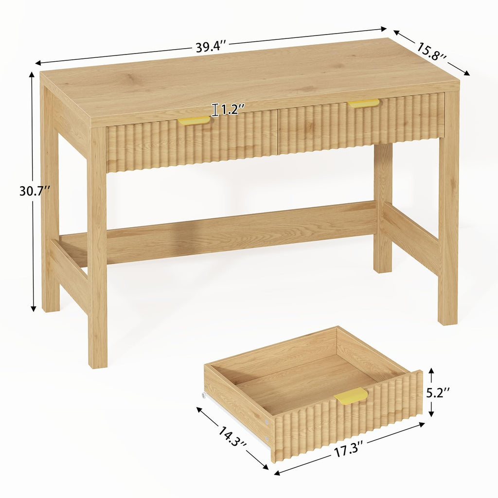 39 Inch Small Fluted Computer Desk with 2 Drawers