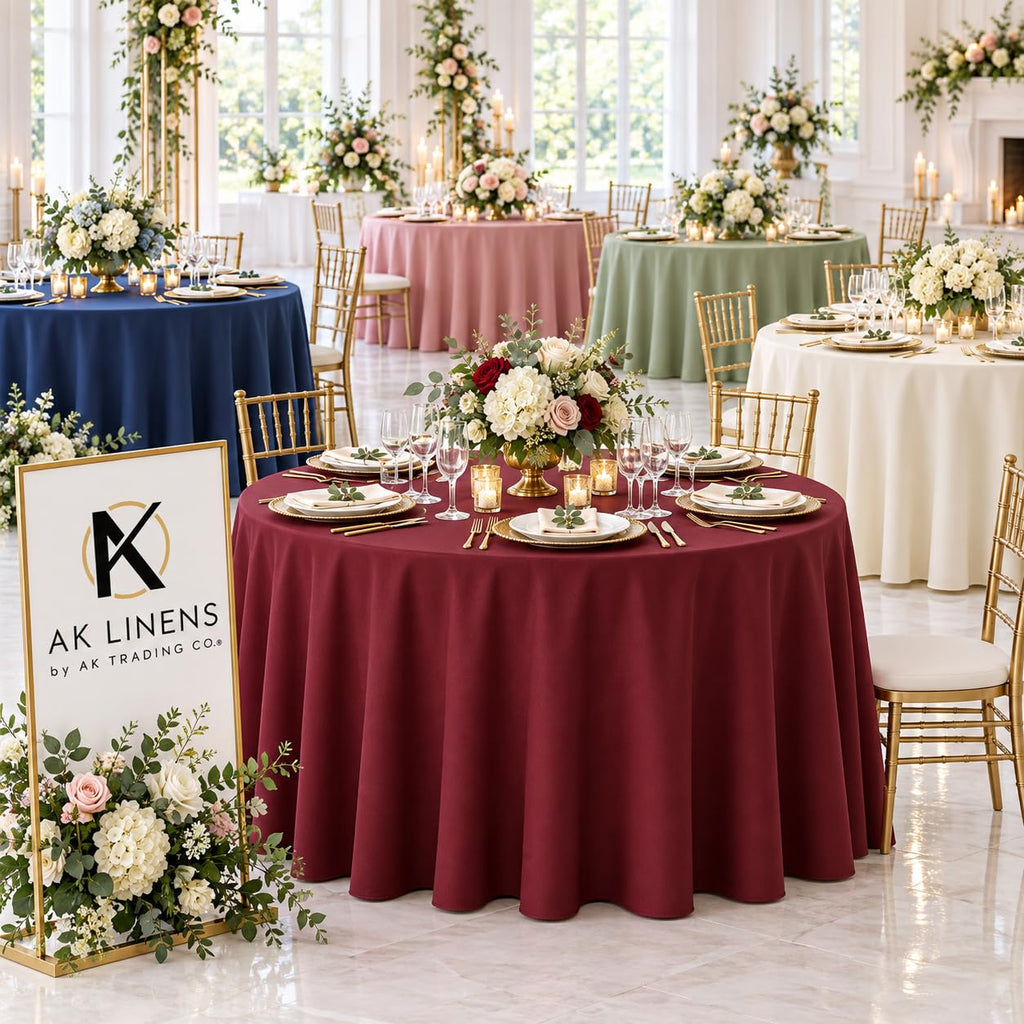 120-Inch Round Polyester Tablecloth, Made in USA, Wrinkle-Resistant & Flame Retardant Table Cover for Weddings