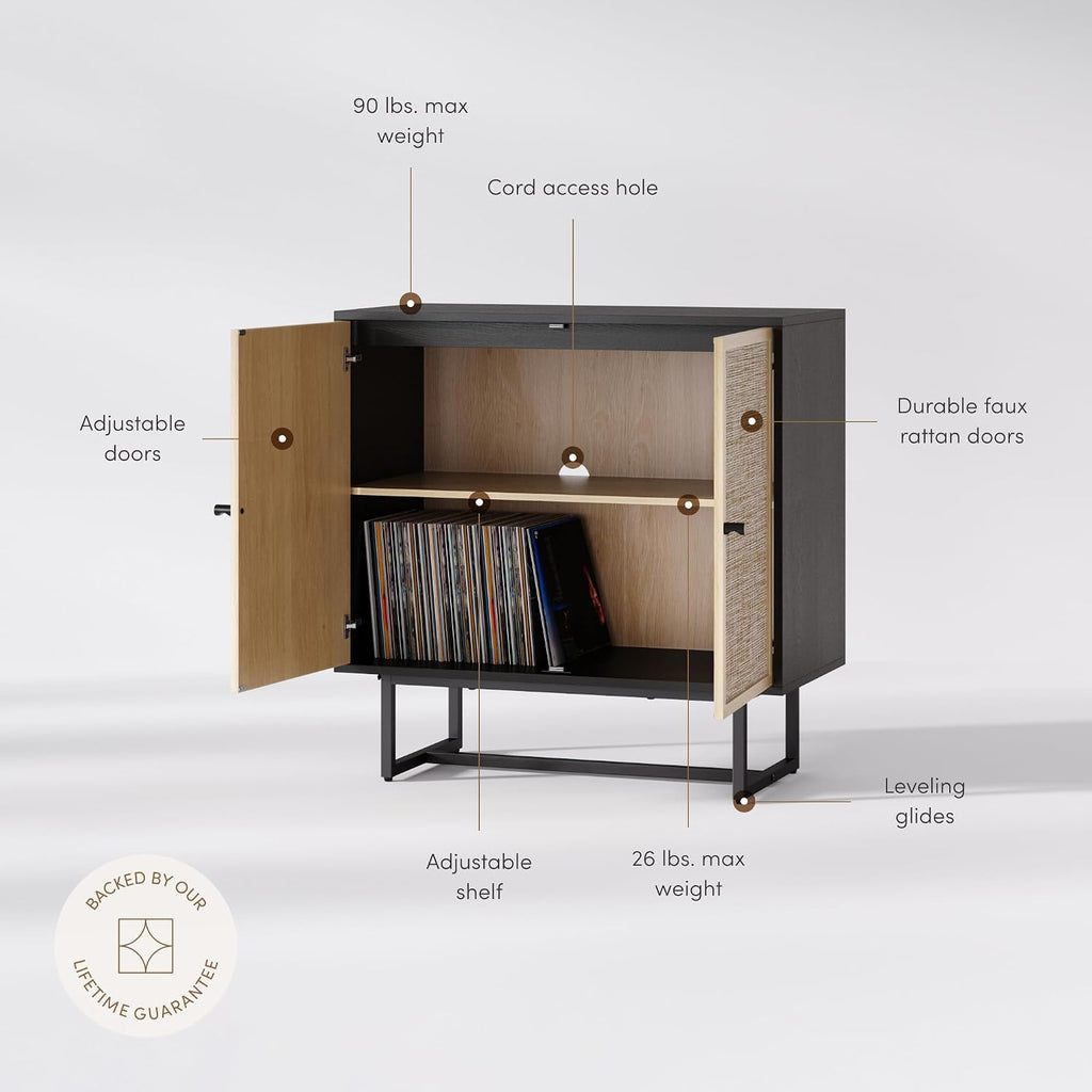 Kova Rattan Wood Accent Sideboard Storage Cabinet with Matte Metal Frame, Adjustable Interior Shelves and Cane Doors