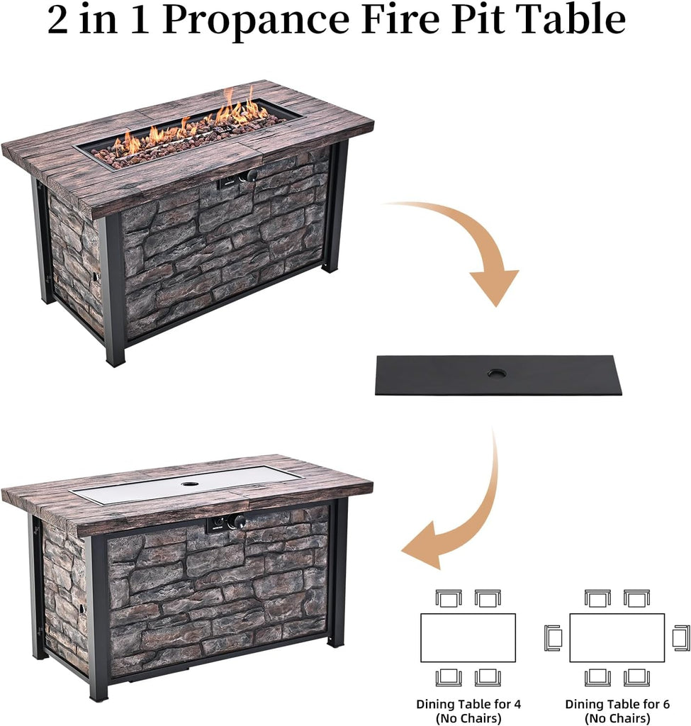 48 inch Propane Fire Pit Table, with Fiberglass Faux Wood Top, 50,000 BTU | Aluminum-coated steel legs, Includes lava