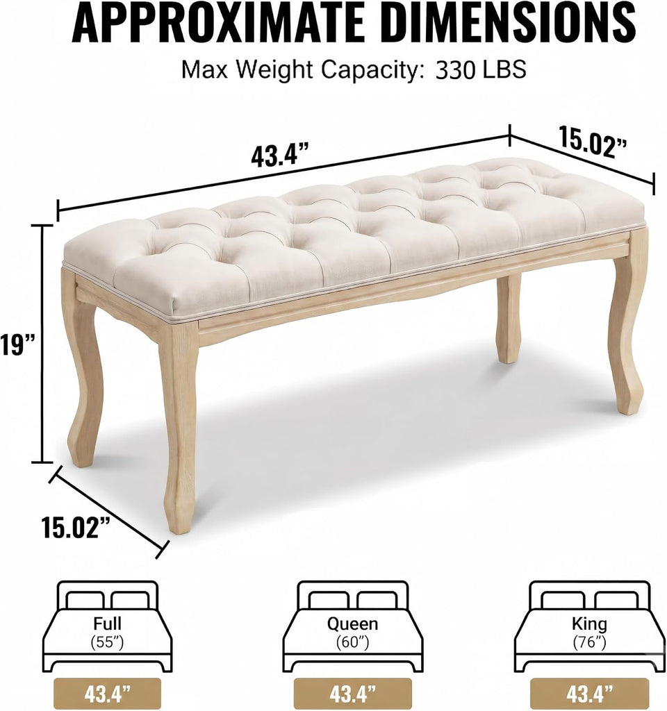 French Vintage Tufted End of Bed Bench, Linen Upholstered | 43.4"L × 15.02"W × 19"H, 330 lbs, Rubberwood legs