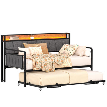 Twin Daybed with Trundle, Modern Twin Size Sofa Day Bed, Sturdy Metal Bed Frame with Upholstered Headboard, Studio